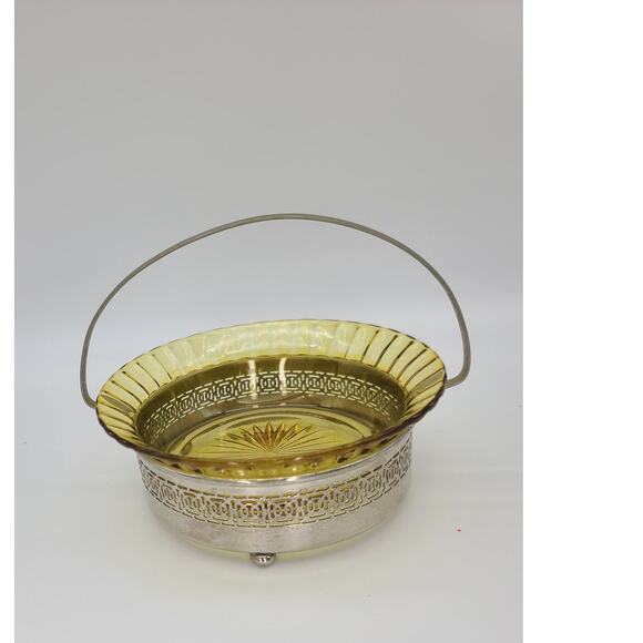 Vtg c1900s Heisey Glass Amber Bride Basket Royal Rochester Silver Repousse Stand - Picture 5 of 10
